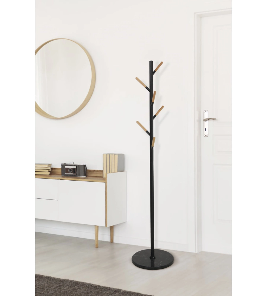 Appendiabiti "tree" in metallo nero e legno, 37x37x170 cm