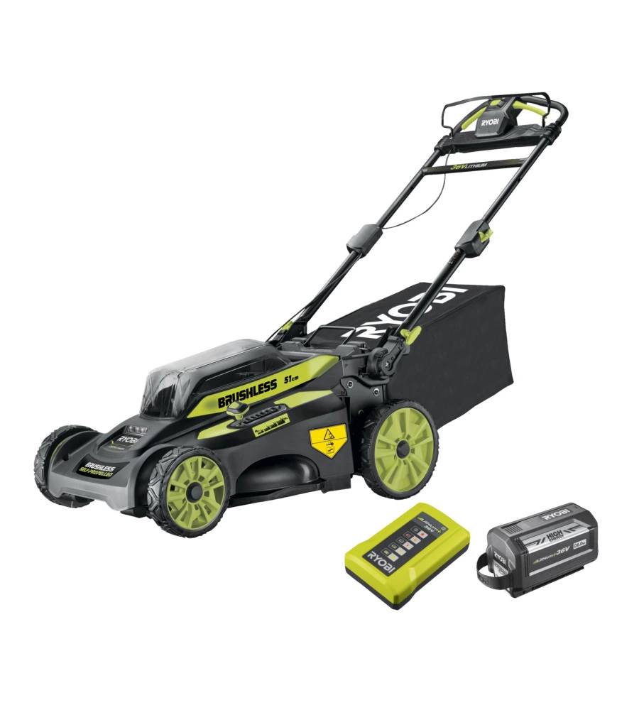 Tagliaerba a batteria semovente larghezza di taglio 51 cm ryobi "ry36lmx51a-160" con batteria 6.0 ah-36 v inclusa