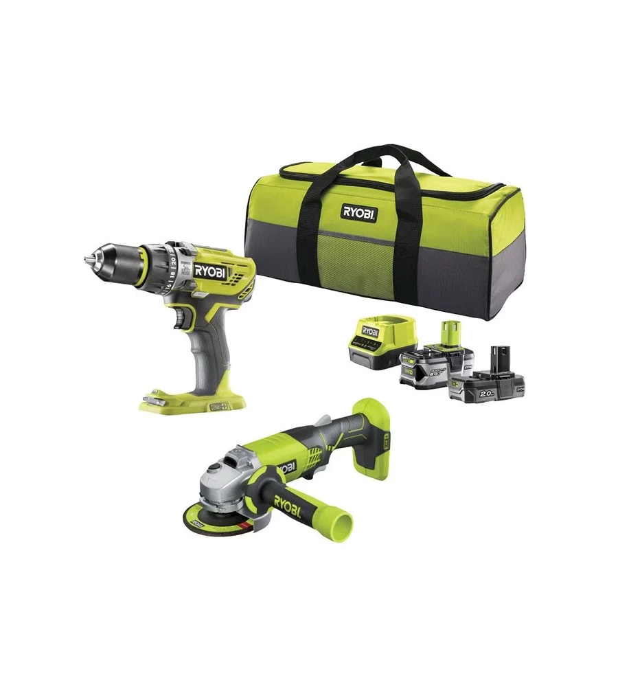 Kit trapano avvitatore e smerigliatrice a batteria 18v r18pd3 + r18ag - ryobi