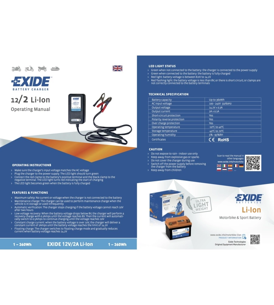 Caricabatteria exide 12/2 li-ion ach002l12101