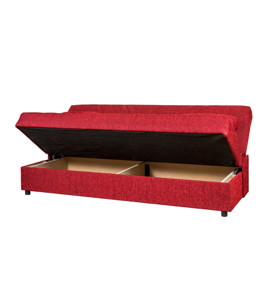 Divano letto "fiji" 3 posti in tessuto rosso con cassettone contenitore, 183x81x89 cm