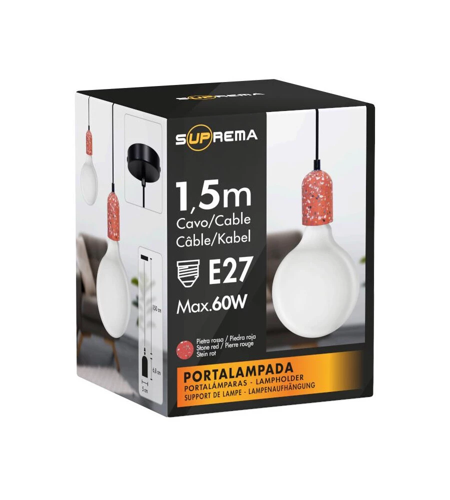 Lampada a sospensione cemento rossa 1,5 mt, e27