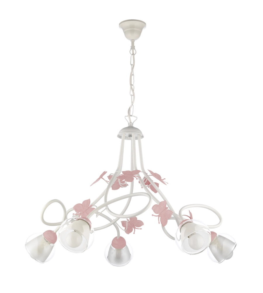 Lampadario 5 luci "butterly" bianco e rosa, e14