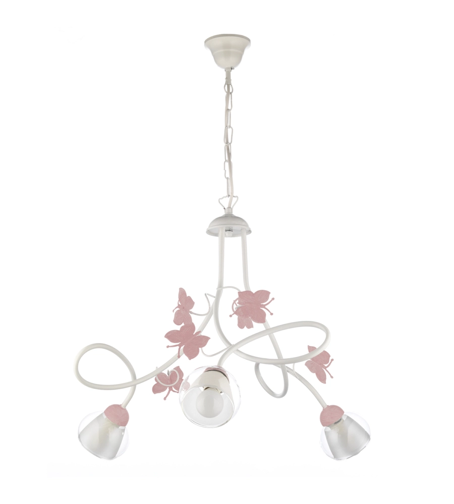 Lampadario 3 luci "butterly" bianco e rosa, e14