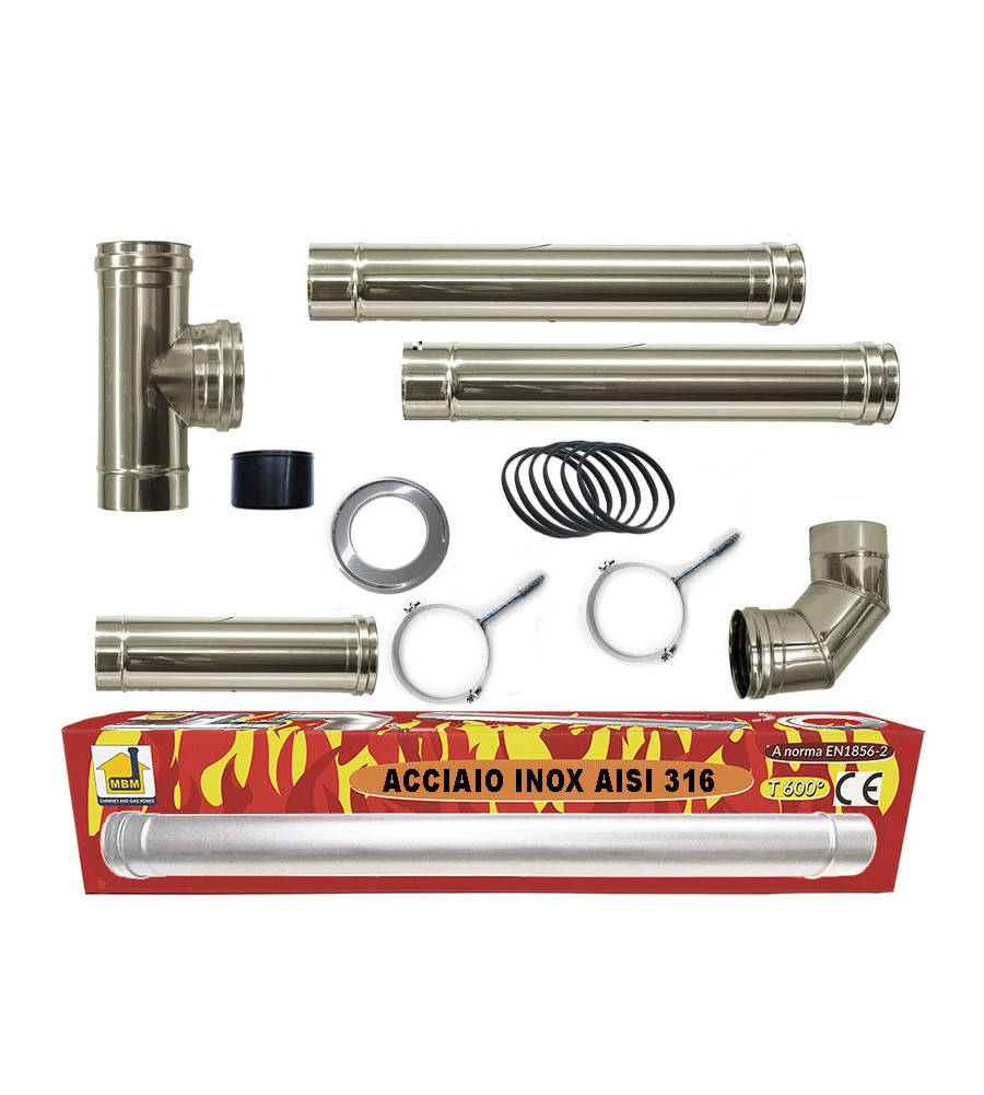 Kit stufa  a pellet in acciaio inox, tubi da 80 mm