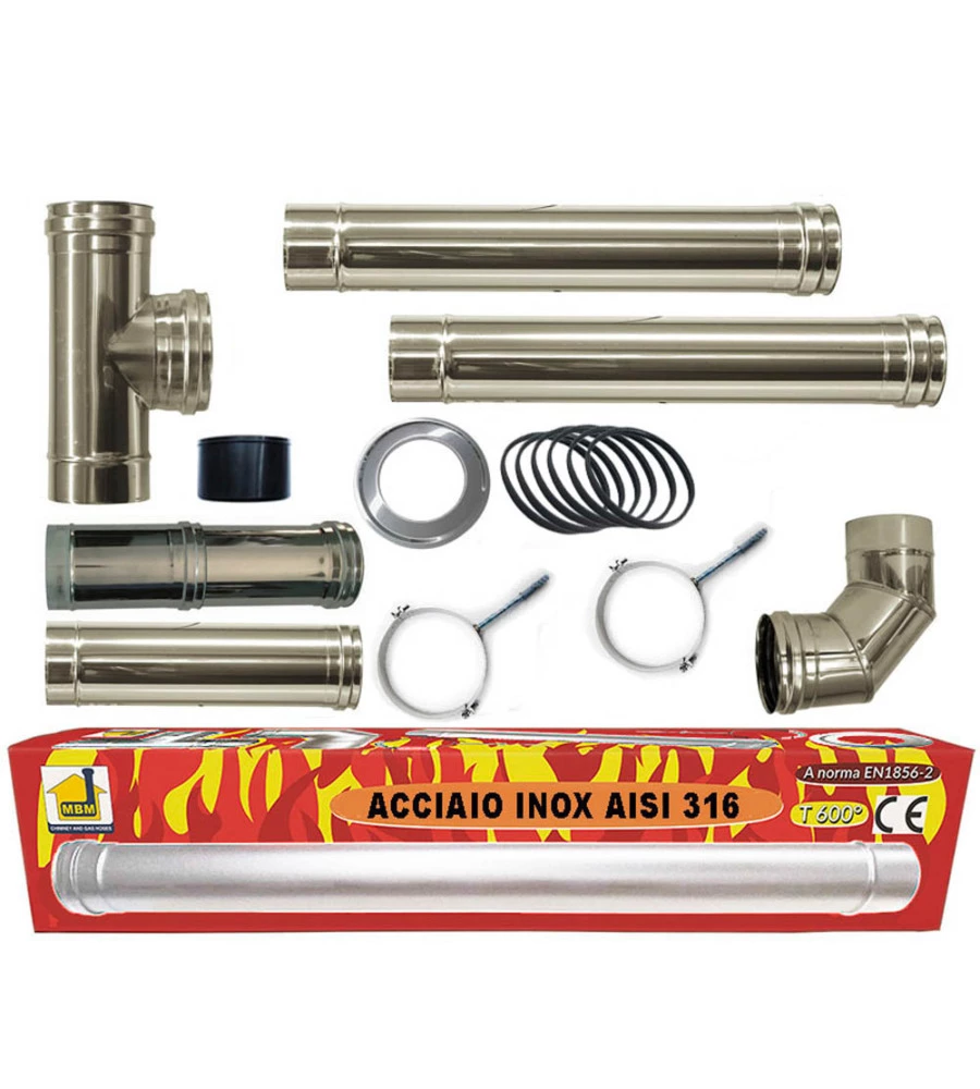 Kit stufa a pellet in acciaio inox, tubo da 80 mm