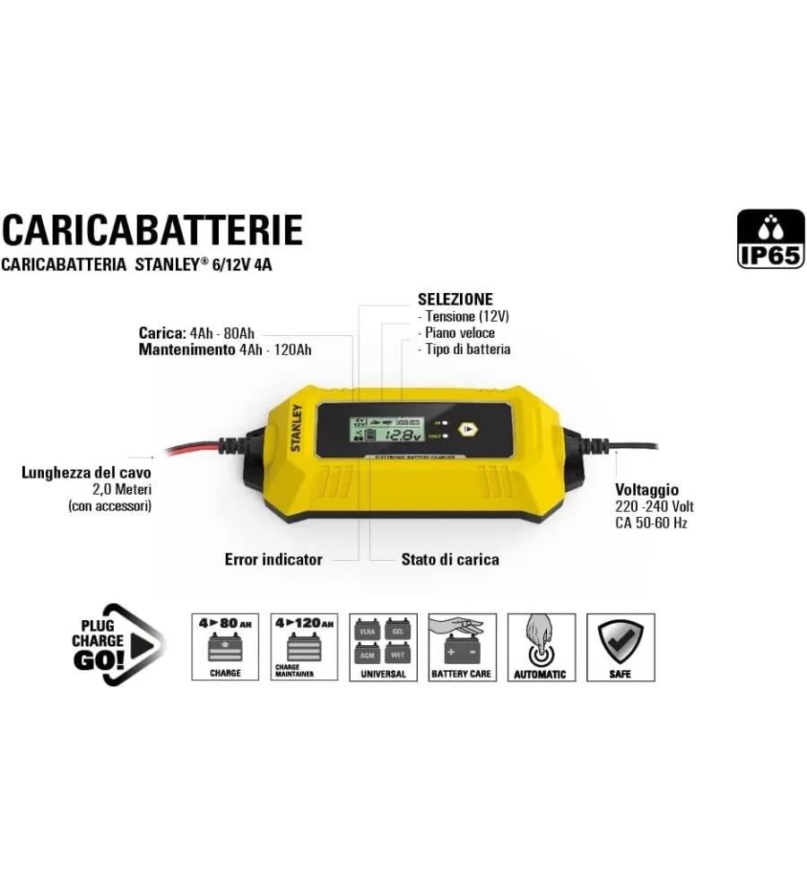 Caricabatterie mantenitore di carica per auto e moto stanley