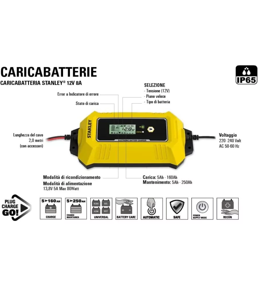 Caricabatterie mantenitore di carica per auto e moto 6-12v 8a stanley