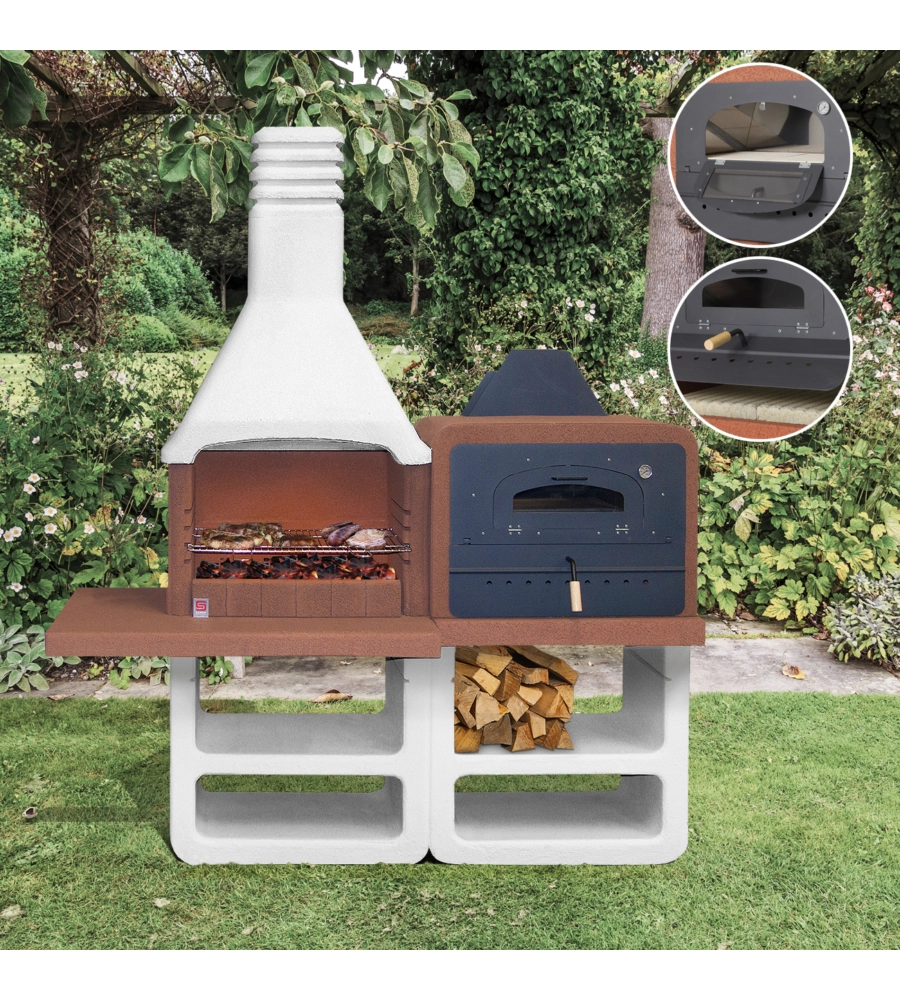 Barbecue a legna o carbonella sarom fuoco "portofino" in cemento, 194x64x228,5 cm