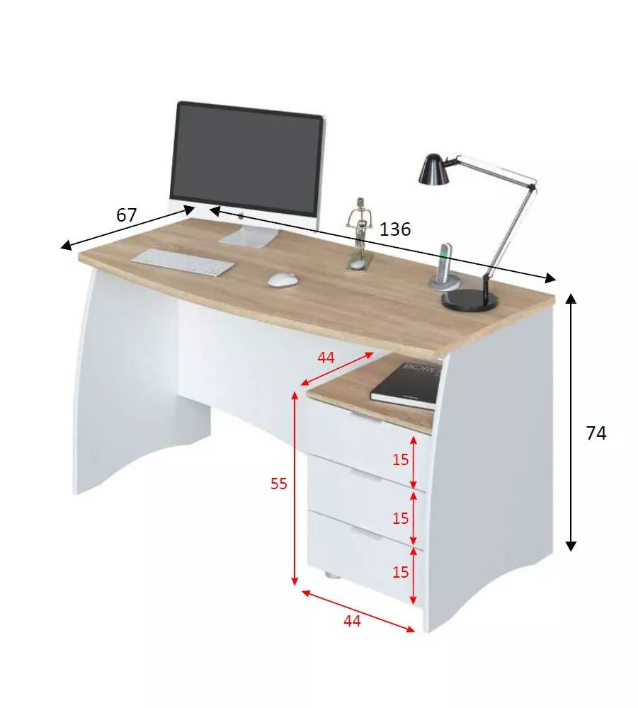 Scrivania con cassetti bianca e rovere, 136x67x74 cm