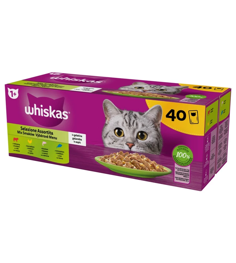 Cibo umido per gatti whiskas "core" tutte le etÀ con manzo, pollo, salmone e tonno 40x85 gr