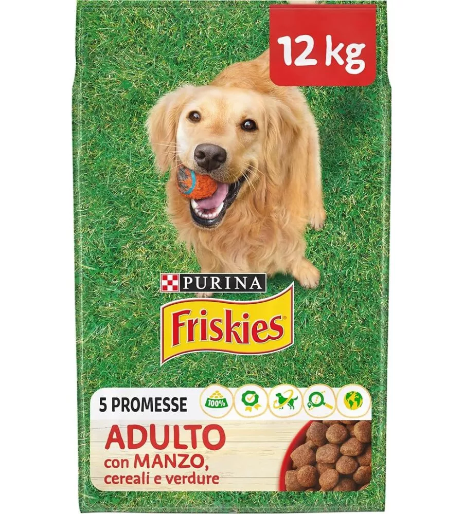 Crocchette per cane adulto "friskies" al manzo, cereali e verdure, 12 kg - purina