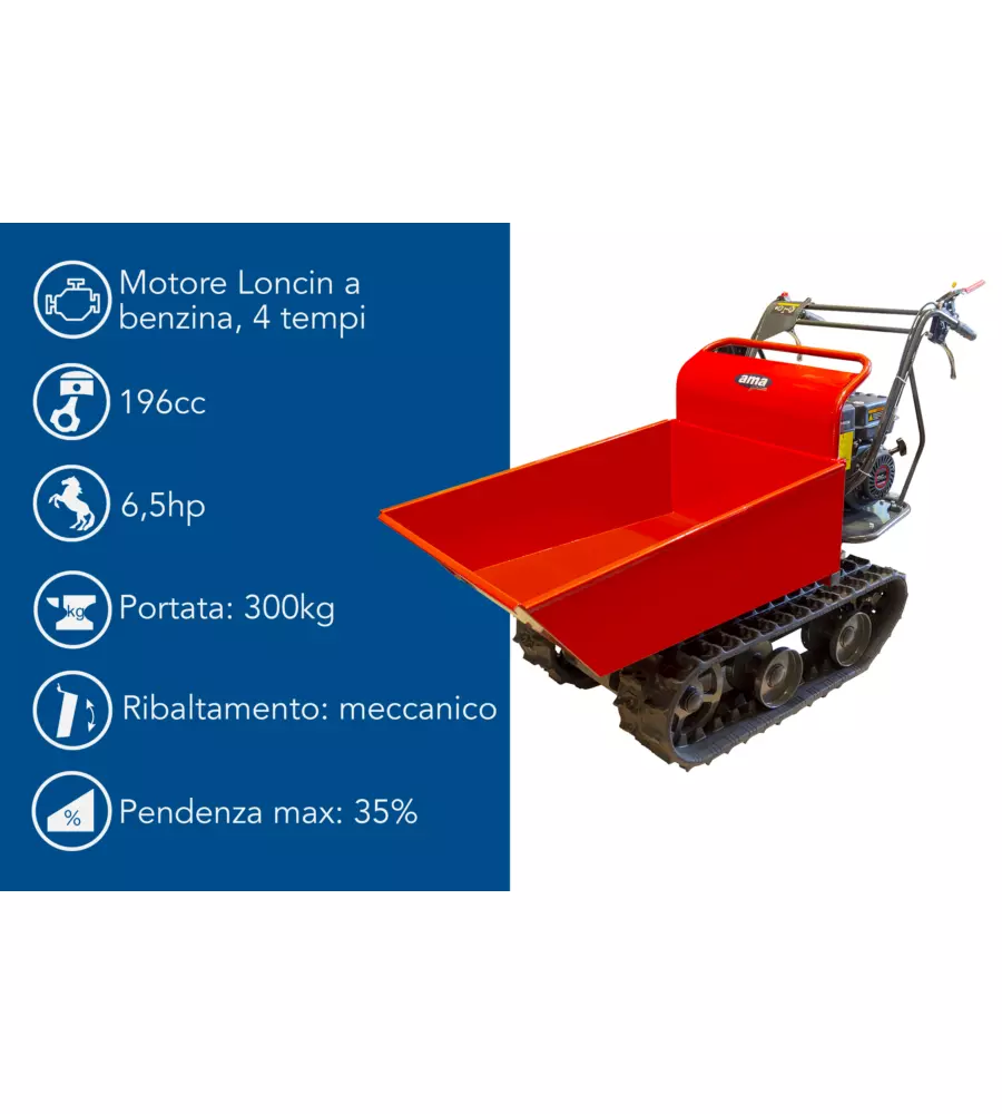 Motocarriola cingolata ama 'dumper tag300td' 4t 196 cc portata 300 kg