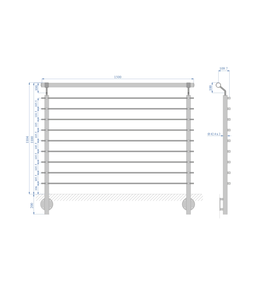 Parapetto modulare certificato in acciaio inox aisi 304 con fissaggio a parete, 150 cm- kit completo b1