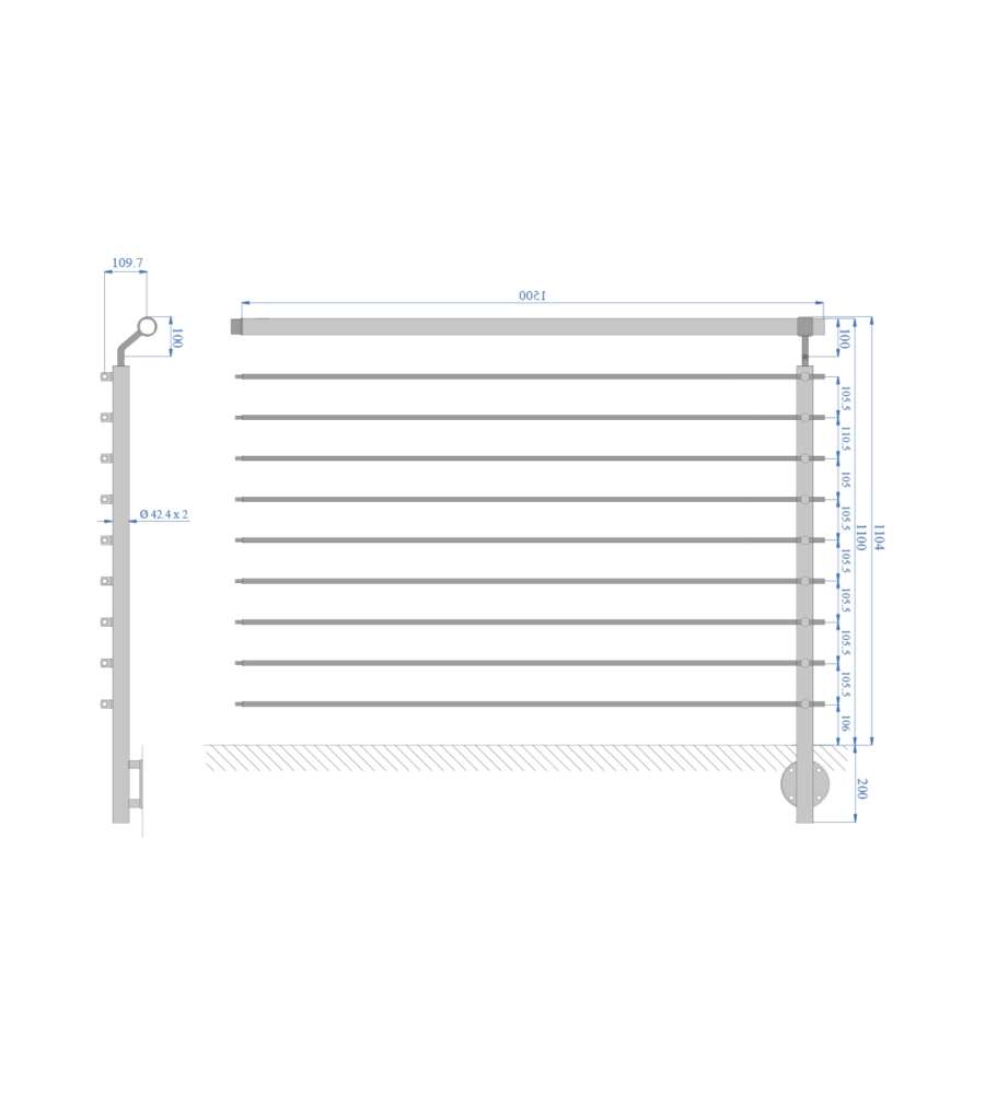 Parapetto modulare certificato in acciaio inox aisi 304 con fissaggio a parete, 150 cm- kit intermedio b2