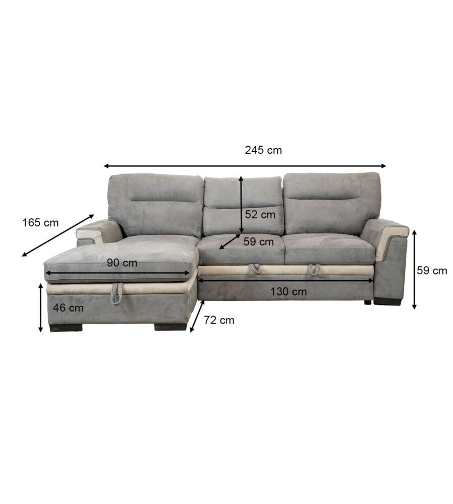 Divano letto angolare 'erika' in tessuto grigio con penisola a sinistra, 254x92/165x102 cm