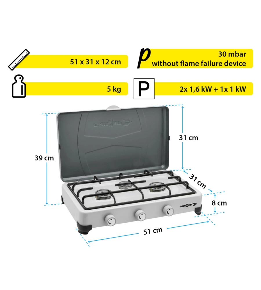 Fornello da campeggio a gas brunner "aristo 3" in metallo 3 fuochi