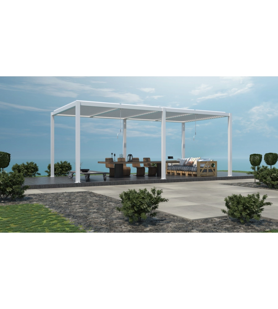 Gazebo pergola bioclimatica da esterno "calicantus twin" bianca in alluminio, con led -  7,8x4xh2,5 m