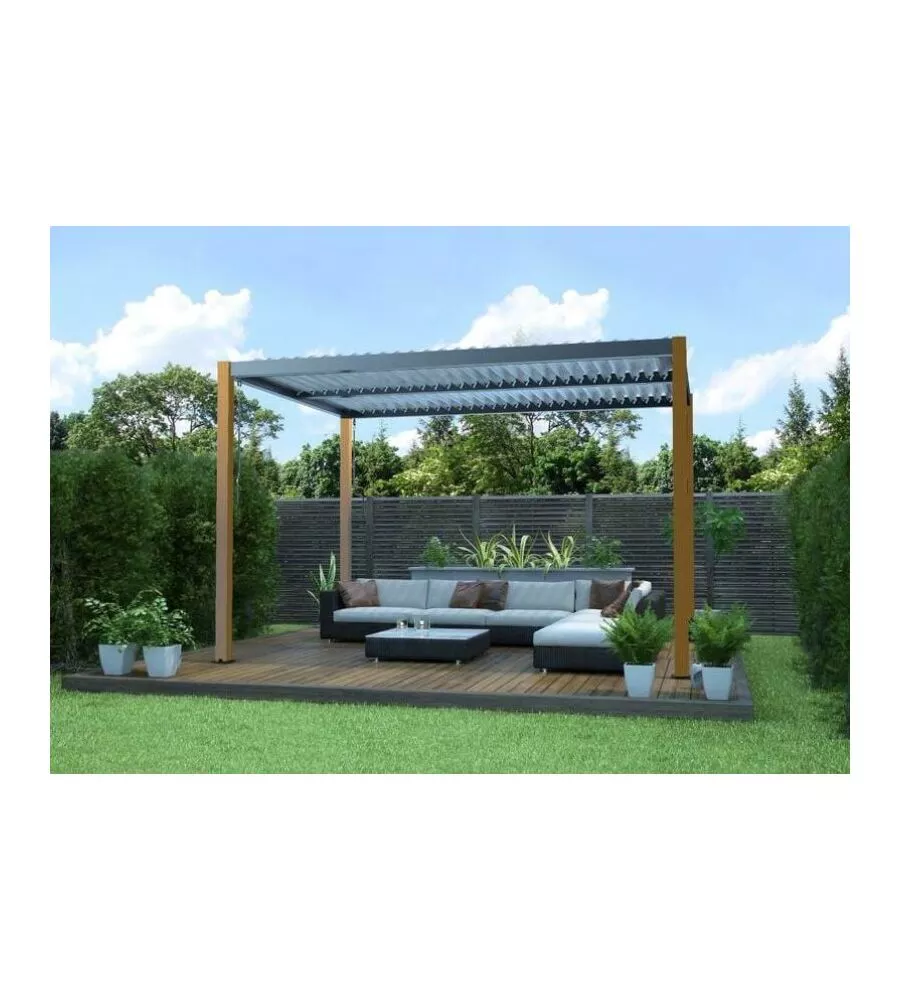 Pergola bioclimatica con led riviera "calicantus wood" in alluminio effetto legno 4x4xh2,5 mt