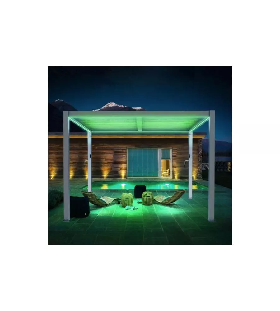 Pergola bioclimatica con led riviera "calicantus" in alluminio colore bianco 4x4xh2,5 mt