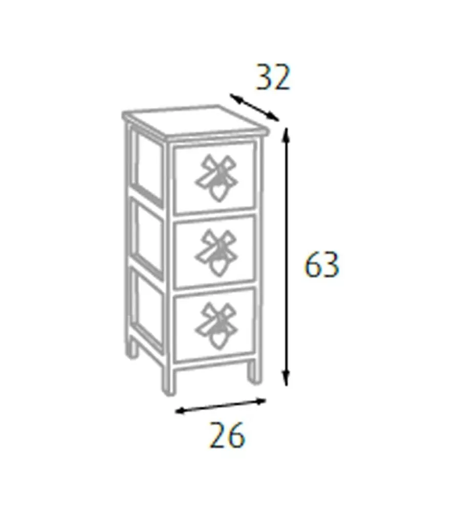 Cassettiera 'white washed' 3 cassetti cuore e fiocchi in legno di paulownia, 26x32x63 cm
