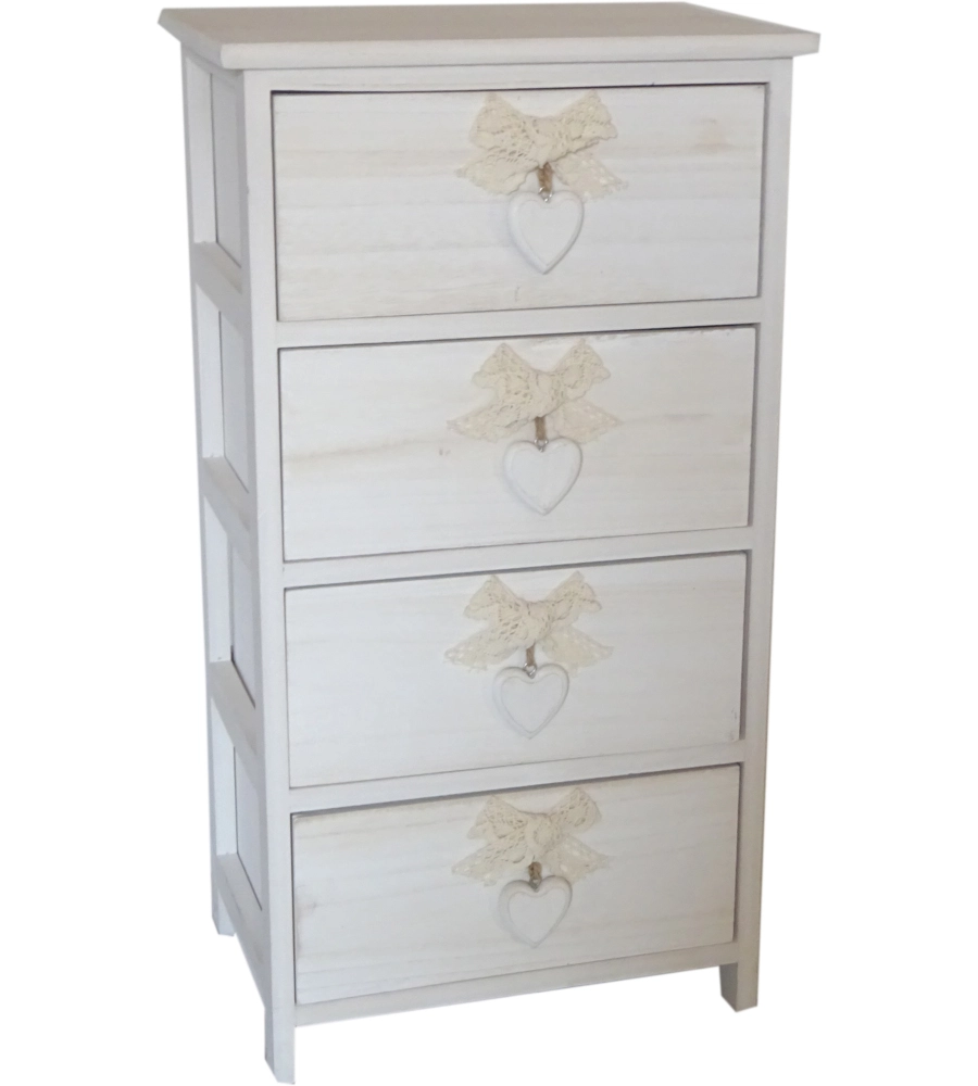 Cassettiera "white washed" 4 cassetti cuore e fiocchi in legno di paulownia, 40x29x73 cm