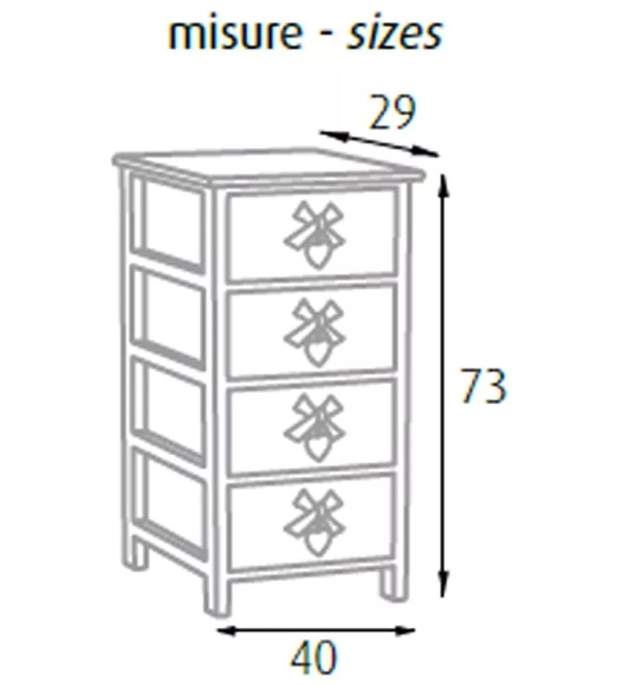 Cassettiera 'white washed' 4 cassetti cuore e fiocchi in legno di paulownia, 40x29x73 cm