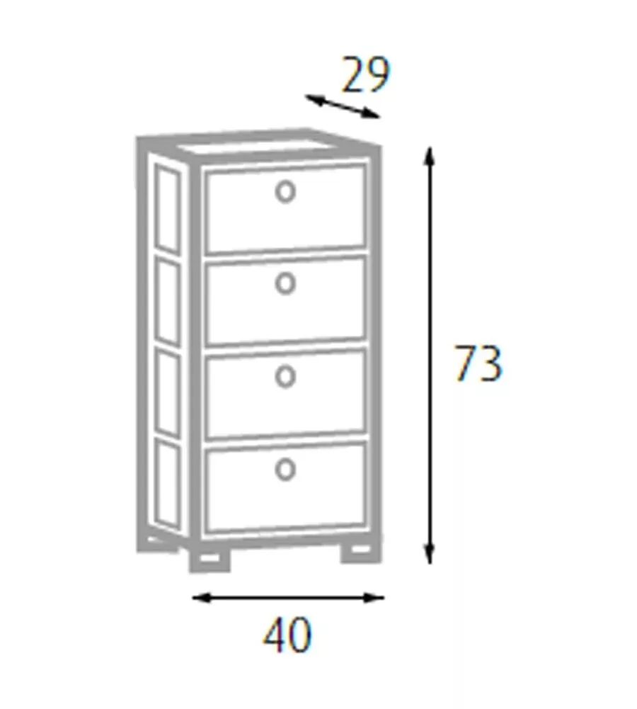 Cassettiera 4 cassetti con bottini in legno, 40x29x73 cm