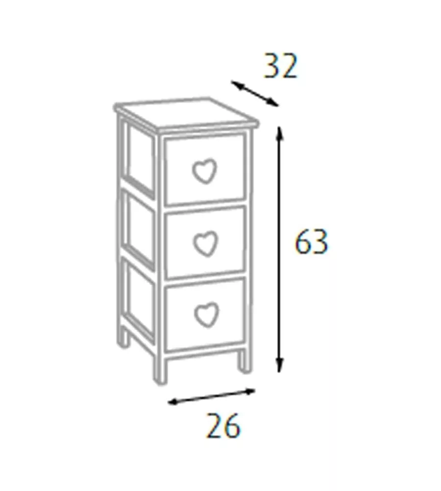Cassettiera 3 cassetti in legno di paulownia bianca e grigia, 26x32x63 cm