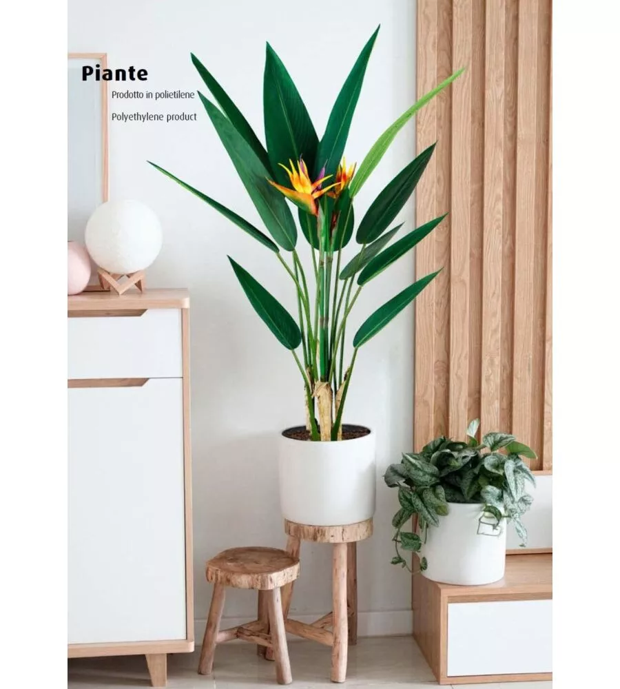 Pianta strelitzia in polietilene con 12 foglie e 2 fiori, 120 cm