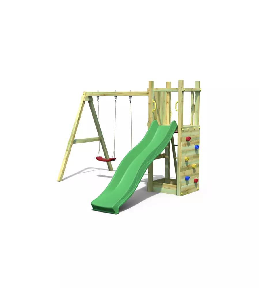 Gioco da esterno per bambini in legno fungoo "funny 3 double swing" con torretta scoperta, scivolo e altalena doppia, 345x284x210 cm