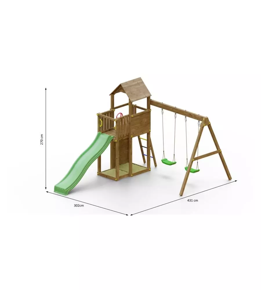 Gioco per bambini da esterno in legno "boomer 3" con torretta con scivolo e altalena doppia, 431x302x270 cm