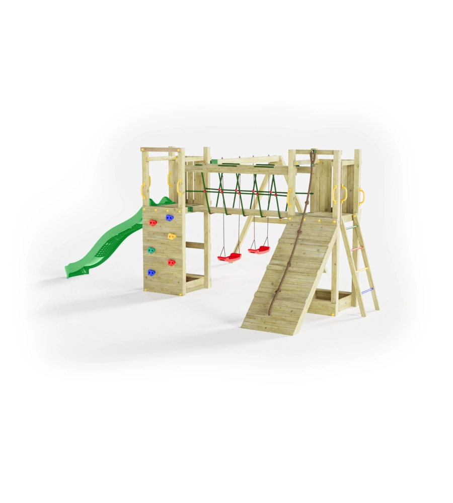 Gioco per bambini da esterno in legno  "maxi funny exposure" con scivolo, torretta, ponte e altalena, 525x398x210 cm