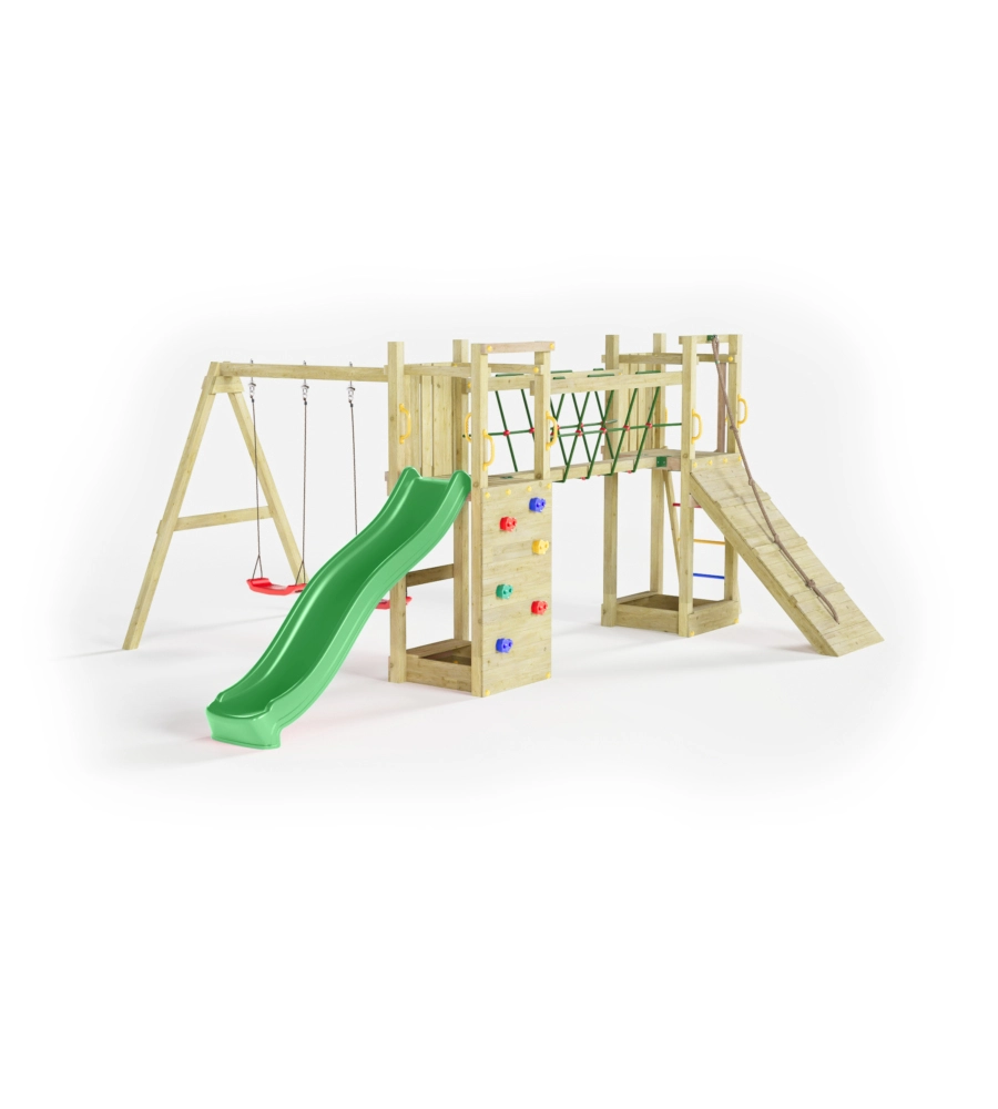 Gioco per bambini da esterno in legno  "maxi funny exposure" con scivolo, torretta, ponte e altalena, 525x398x210 cm