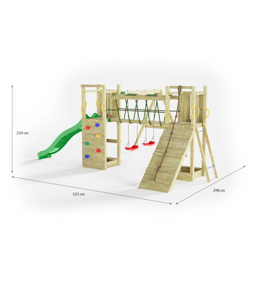 Gioco per bambini da esterno in legno  "maxi funny exposure" con scivolo, torretta, ponte e altalena, 525x398x210 cm