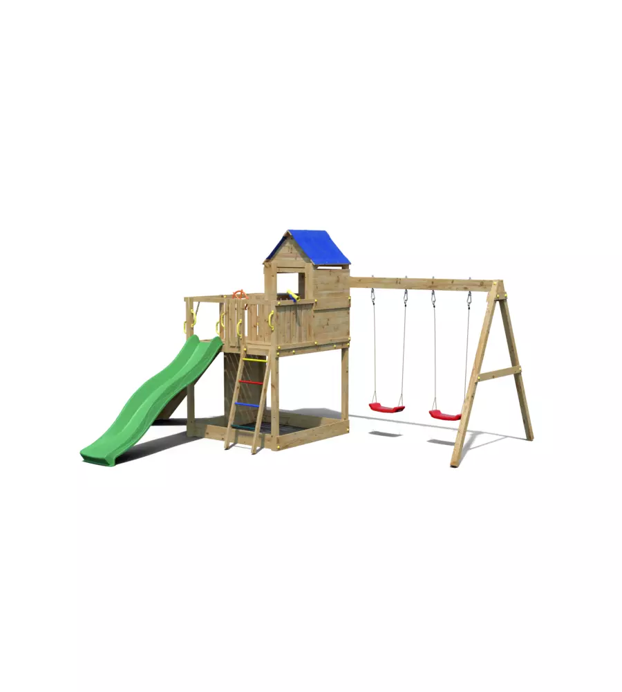 Gioco per bambini da esterno in legno "treehouse" con casetta aperta sospesa, scivolo e altalena doppia, 443x501x272 cm