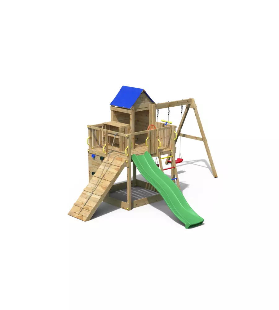 Gioco per bambini da esterno in legno "treehouse" con casetta aperta sospesa, scivolo e altalena doppia, 443x501x272 cm