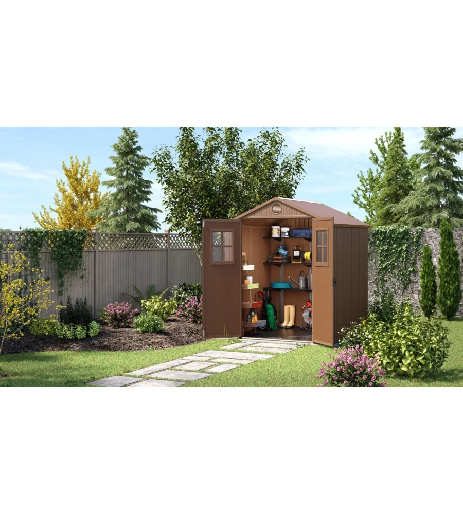 Casetta da giardino keter "darwin 6x6" in evotech+ colore marrone con porta battente doppia 190x183x221 cm