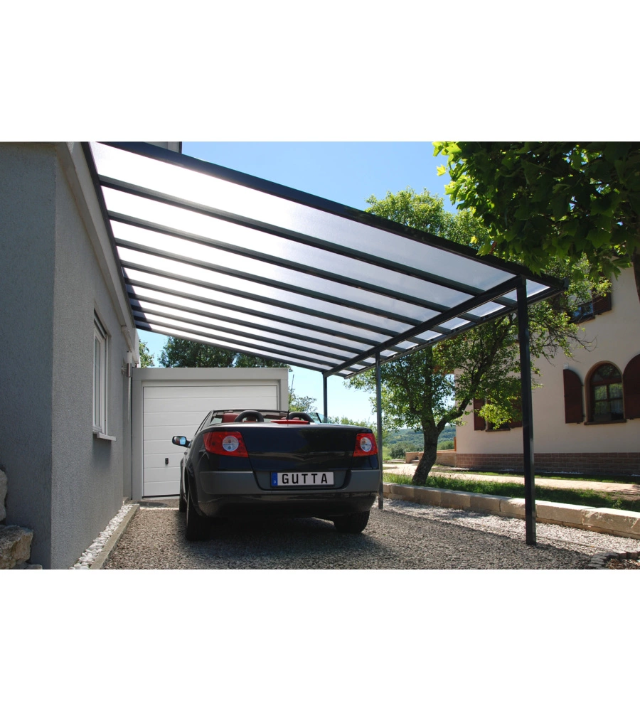 Pergola da esterno "patio" in alluminio antracite e policarbonato trasparente, 4x4metri