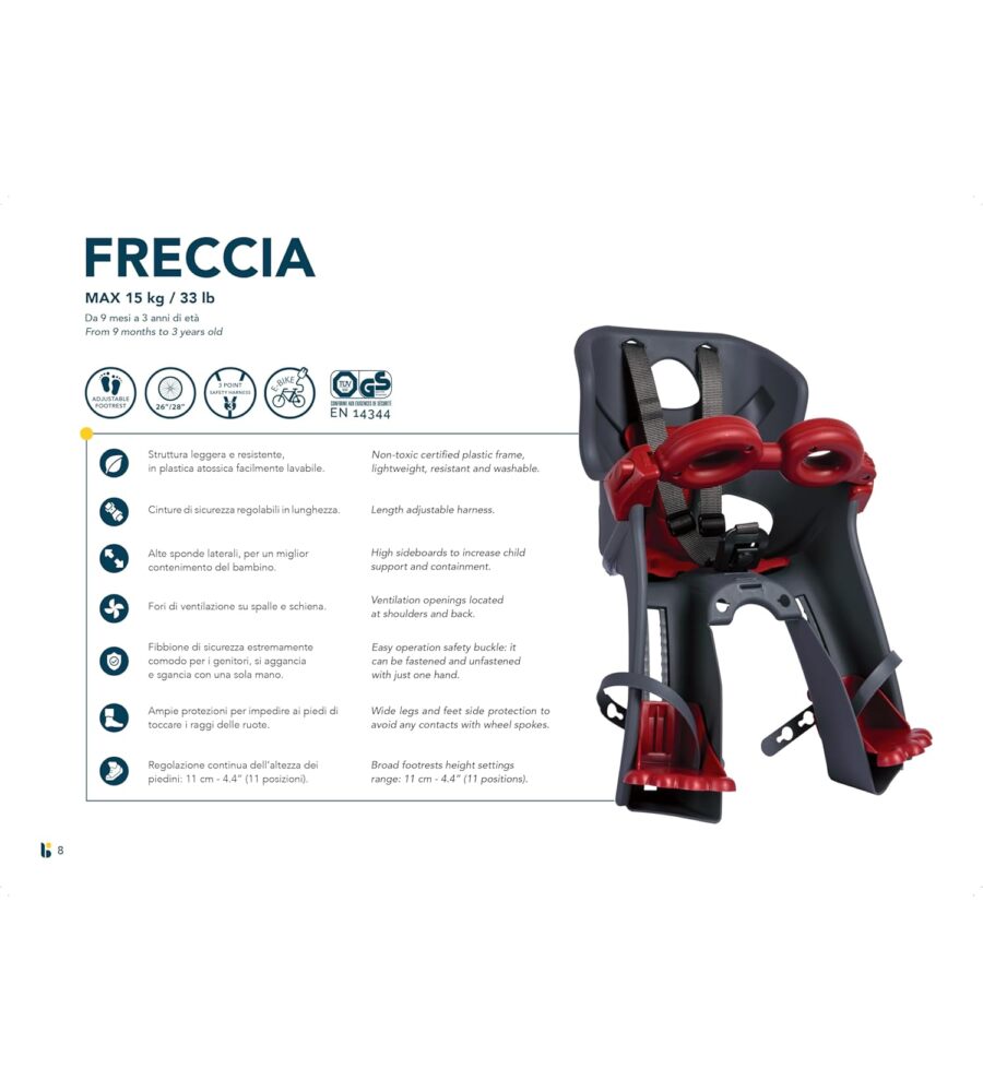 SEGGIOLINO ANTERIORE PER BICICLETTA BELLELLI "FRECCIA VINTAGE", PORTATA MASSIMA 15 KG