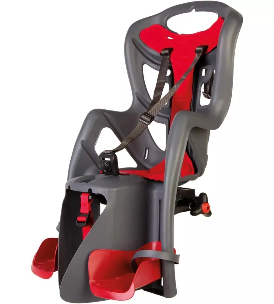 Seggiolino posteriore grigio scuro e rosso per bicicletta per bambini, max. 22 kg, da 3 a 8 anni - si fissa al portapacchi