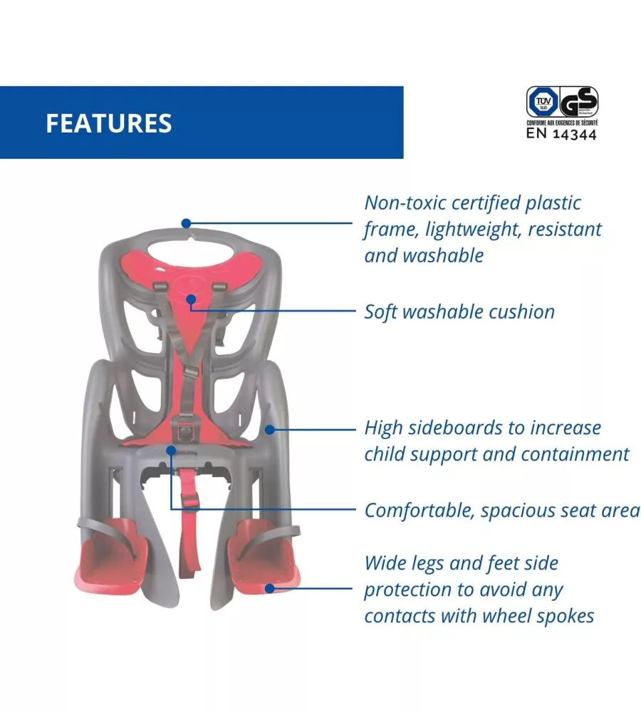 Seggiolino posteriore grigio scuro e rosso per bicicletta per bambini, max. 22 kg, da 3 a 8 anni - si fissa al portapacchi