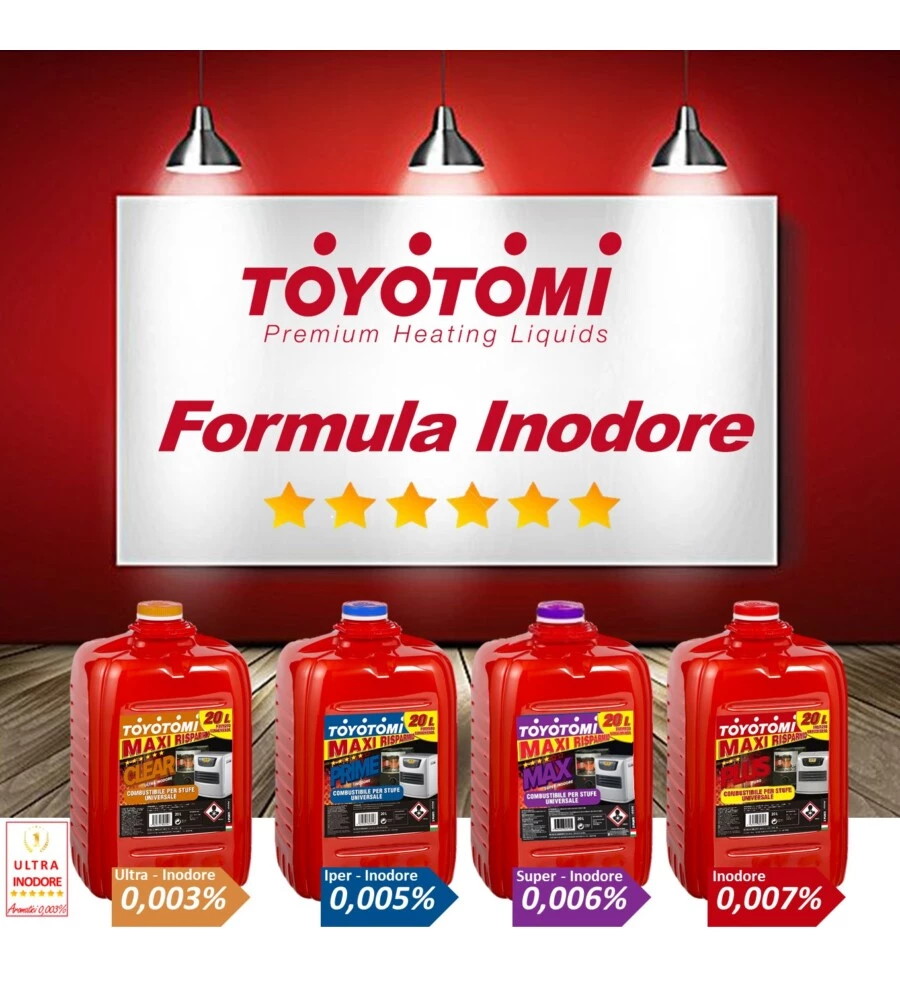 6 taniche da 20 litri di combustibile liquido "toyotomi plus" - totale di 120 litri