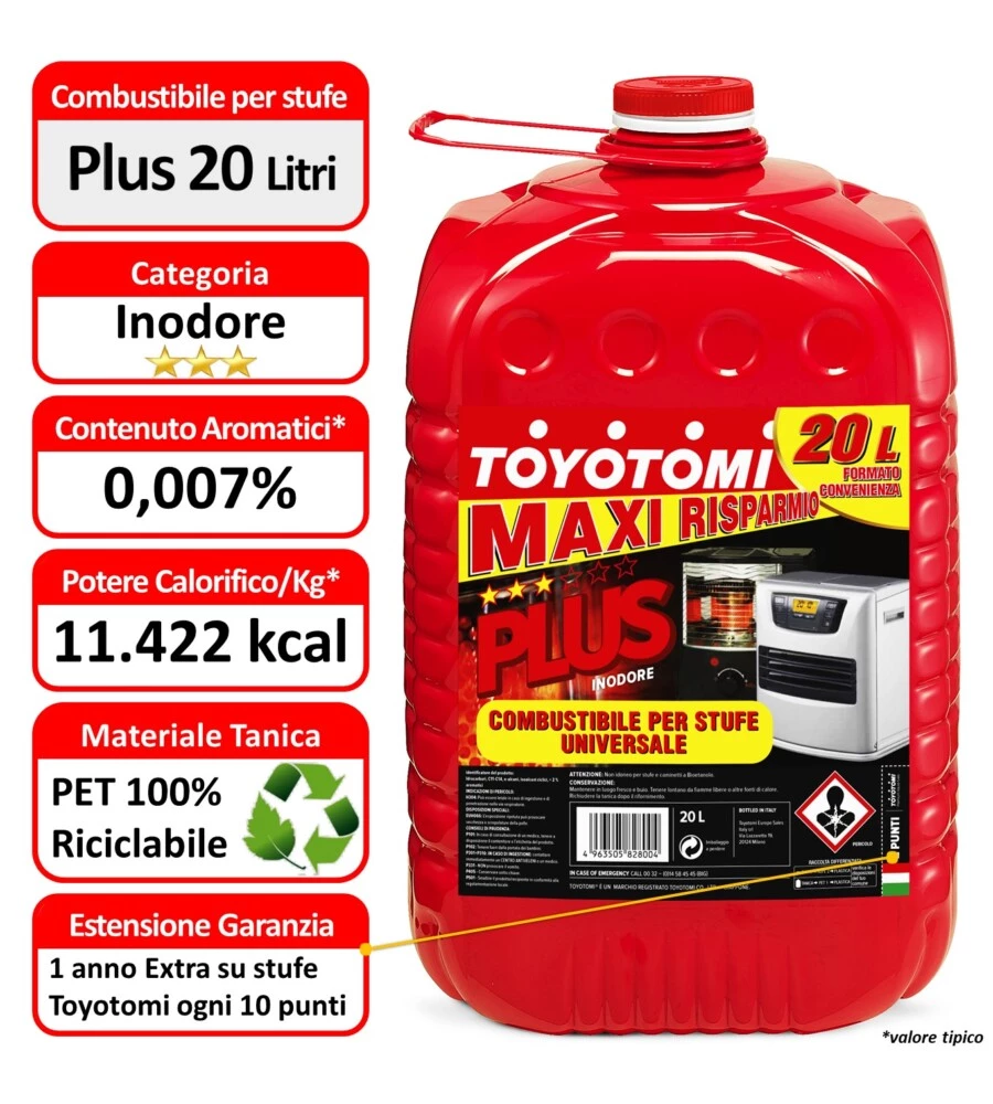 6 taniche da 20 litri di combustibile liquido "toyotomi plus" - totale di 120 litri