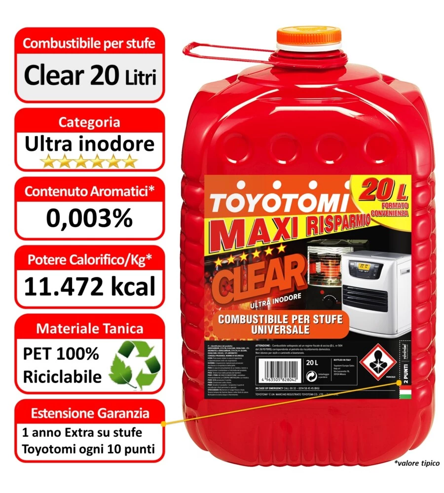 6 taniche da 20 litri di combustibile liquido "toyotomi clear" - totale di 120 litri