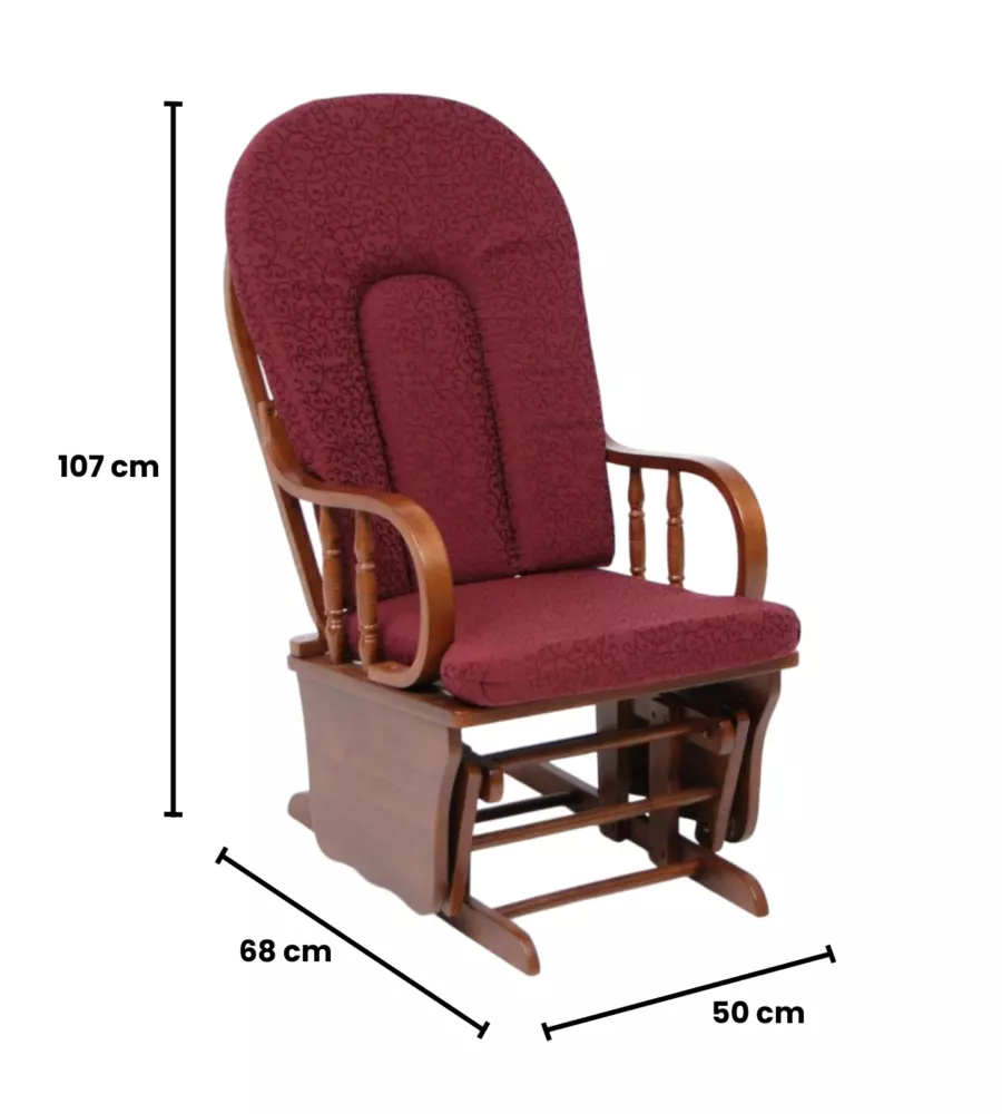 Poltrona dondolo oscillante da allattamento 'douglas' legno massello noce e cuscino bordeaux, 68x50x107 cm