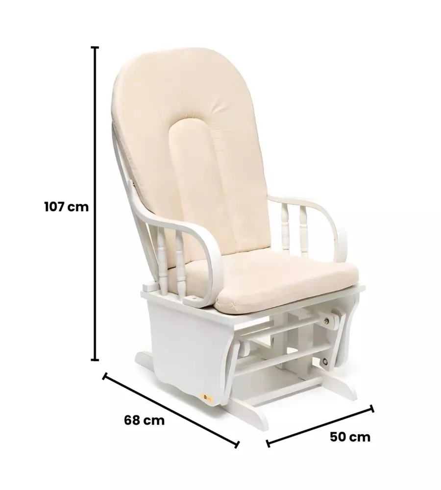 Poltrona dondolo oscillante da allattamento 'douglas' legno massello bianco e cuscino avorio, 68x50x107 cm