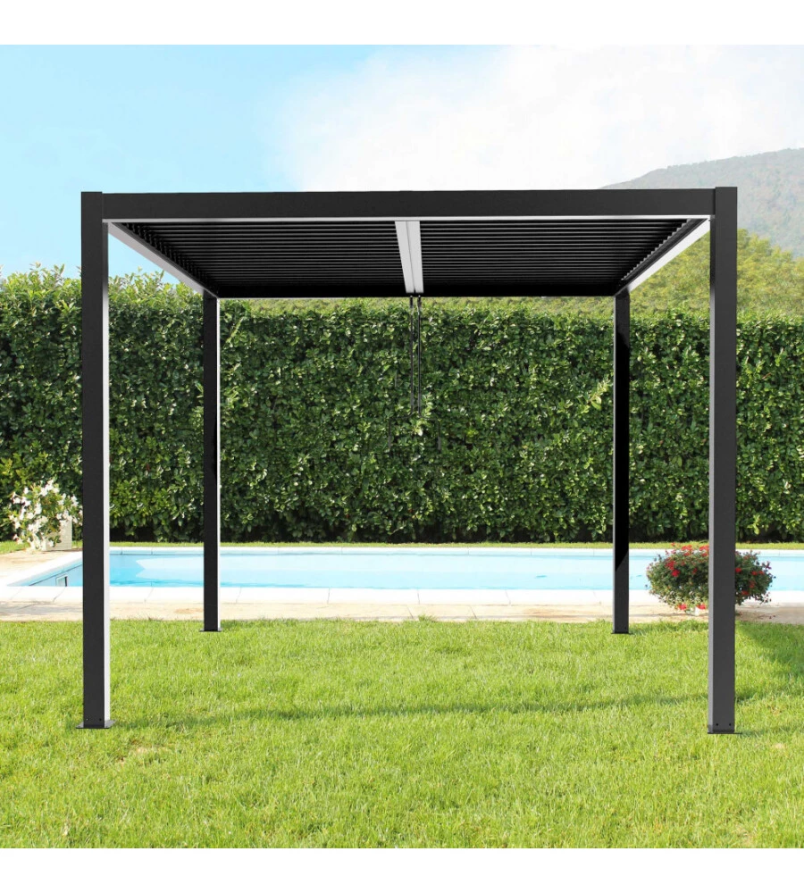 Gazebo pergola bioclimatica da esterno grigio scuro in alluminio - 3x3x2,5 m