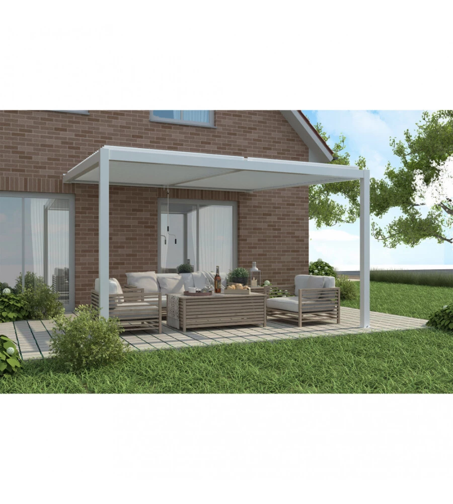 Gazebo pergola bioclimatica da esterno addossata bianco in alluminio - 3x4 m