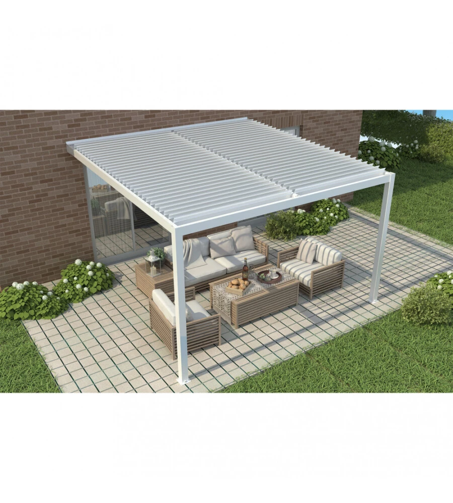 Gazebo pergola bioclimatica da esterno addossata bianco in alluminio - 3x4 m